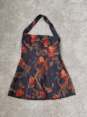 PrettyLittleThing Black Halter Mini Dress with Rust Floral Print